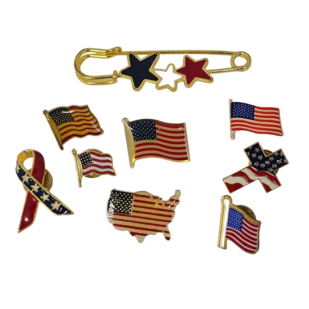 Americana Pin & Brooch Lot Patriotic USA 9 Piece Enamel Jewelry Set & Bundle